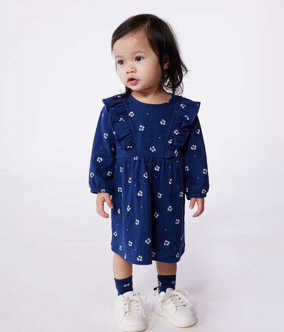 Vestido de algodón de manga larga con estampado de flores para bebé azul MEDIEVAL/blanco MULTICO