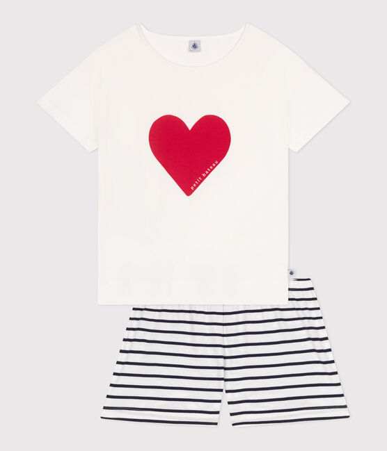 Pijama corto de algodón con estampado de corazones para mujer blanco MARSHMALLOW/azul SMOKING